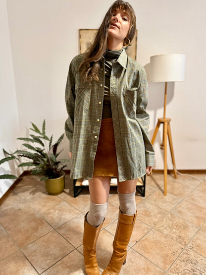 1970's vintage oversize brown, yellow and khaki plaid woven shirt