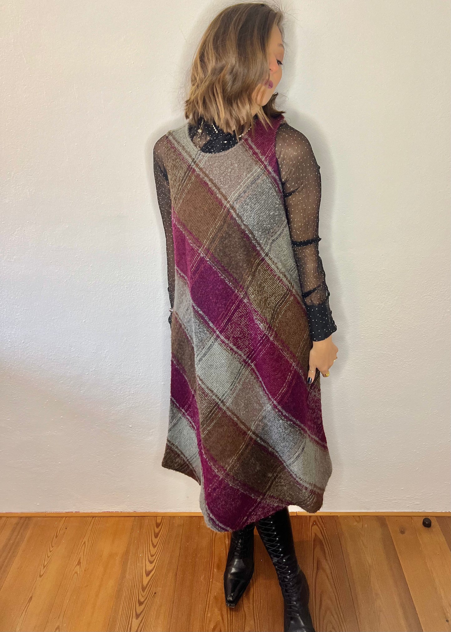 1970's vintage multicolor plaid knit wool midi dress