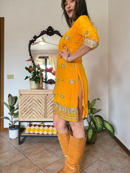 1970's vintage canary yellow silk mini dress with gold embelishments