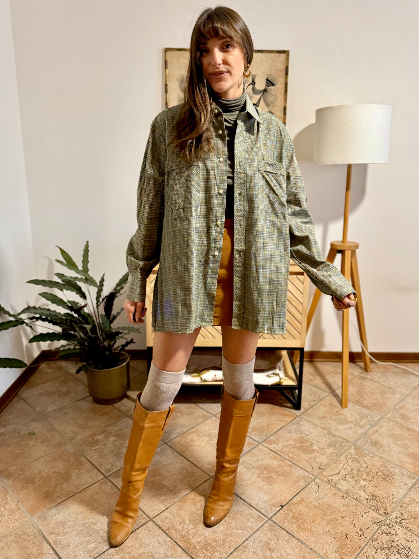 1970's vintage oversize brown, yellow and khaki plaid woven shirt