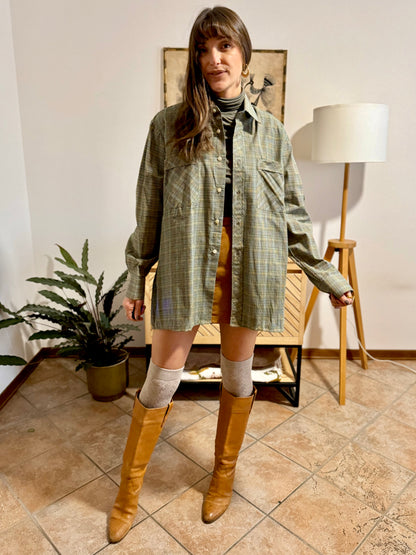 1970's vintage oversize brown, yellow and khaki plaid woven shirt