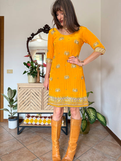 1970's vintage canary yellow silk mini dress with gold embelishments