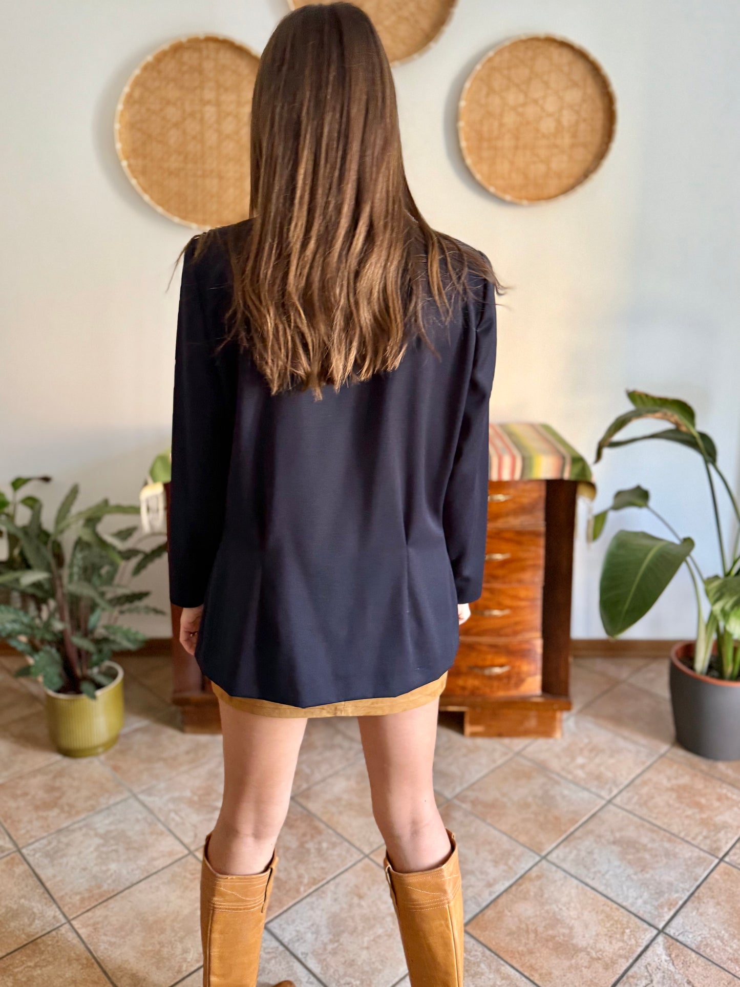 1970's vintage navy blue wool blazer with white collar and bow details