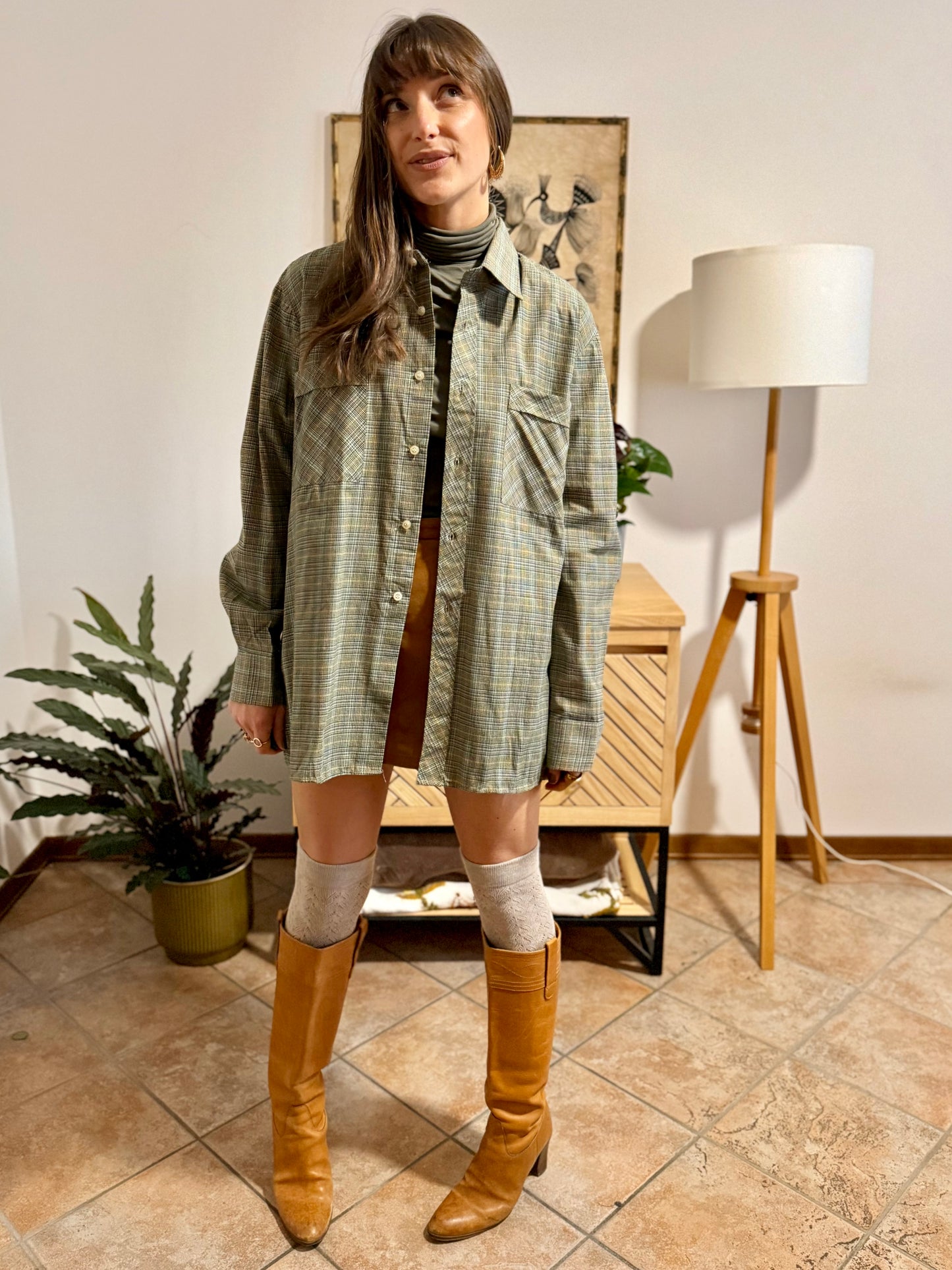 1970's vintage oversize brown, yellow and khaki plaid woven shirt