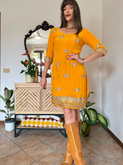 1970's vintage canary yellow silk mini dress with gold embelishments