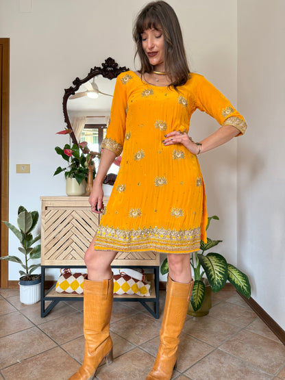 1970's vintage canary yellow silk mini dress with gold embelishments