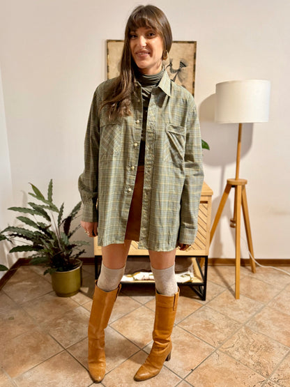 1970's vintage oversize brown, yellow and khaki plaid woven shirt