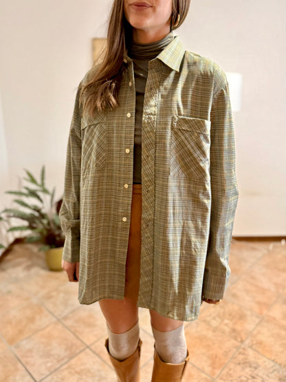 1970's vintage oversize brown, yellow and khaki plaid woven shirt
