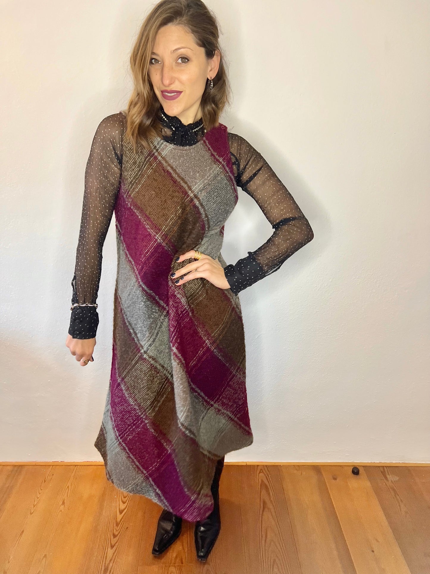 1970's vintage multicolor plaid knit wool midi dress