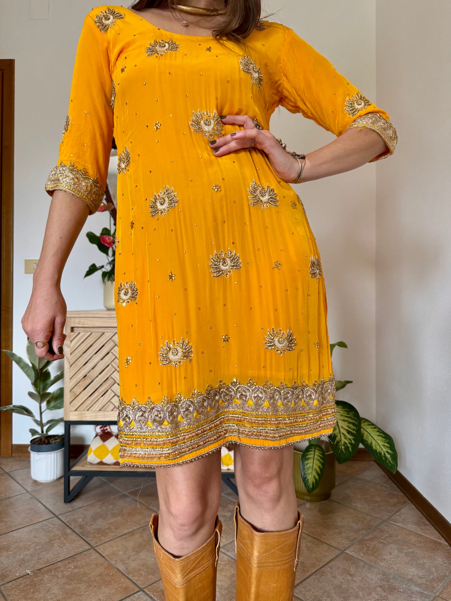 1970's vintage canary yellow silk mini dress with gold embelishments