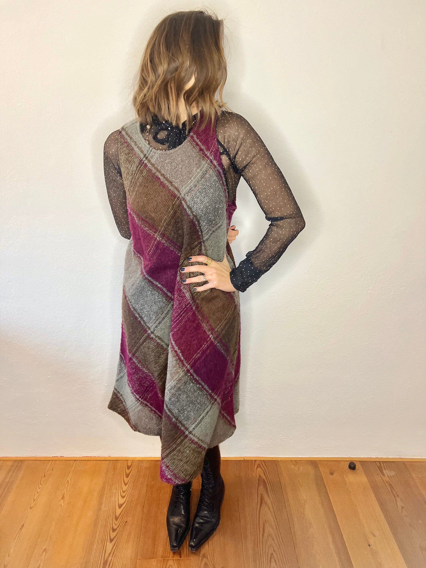 1970's vintage multicolor plaid knit wool midi dress