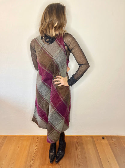 1970's vintage multicolor plaid knit wool midi dress