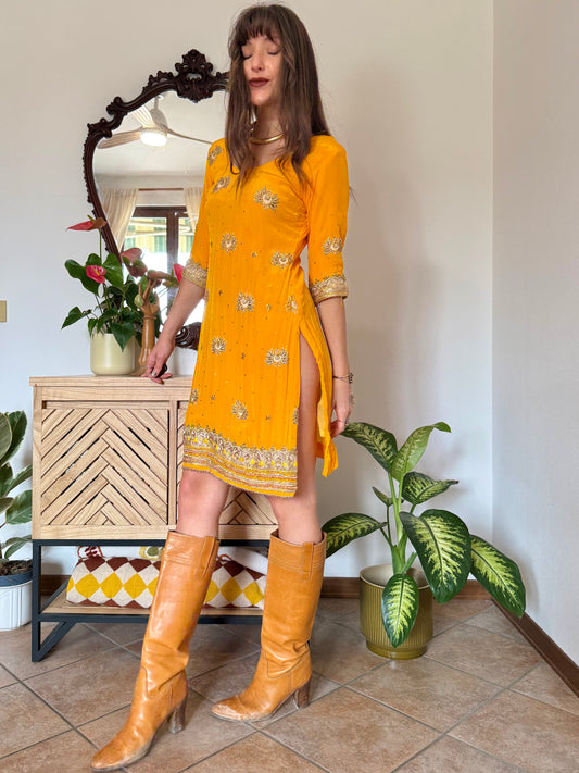 1970's vintage canary yellow silk mini dress with gold embelishments