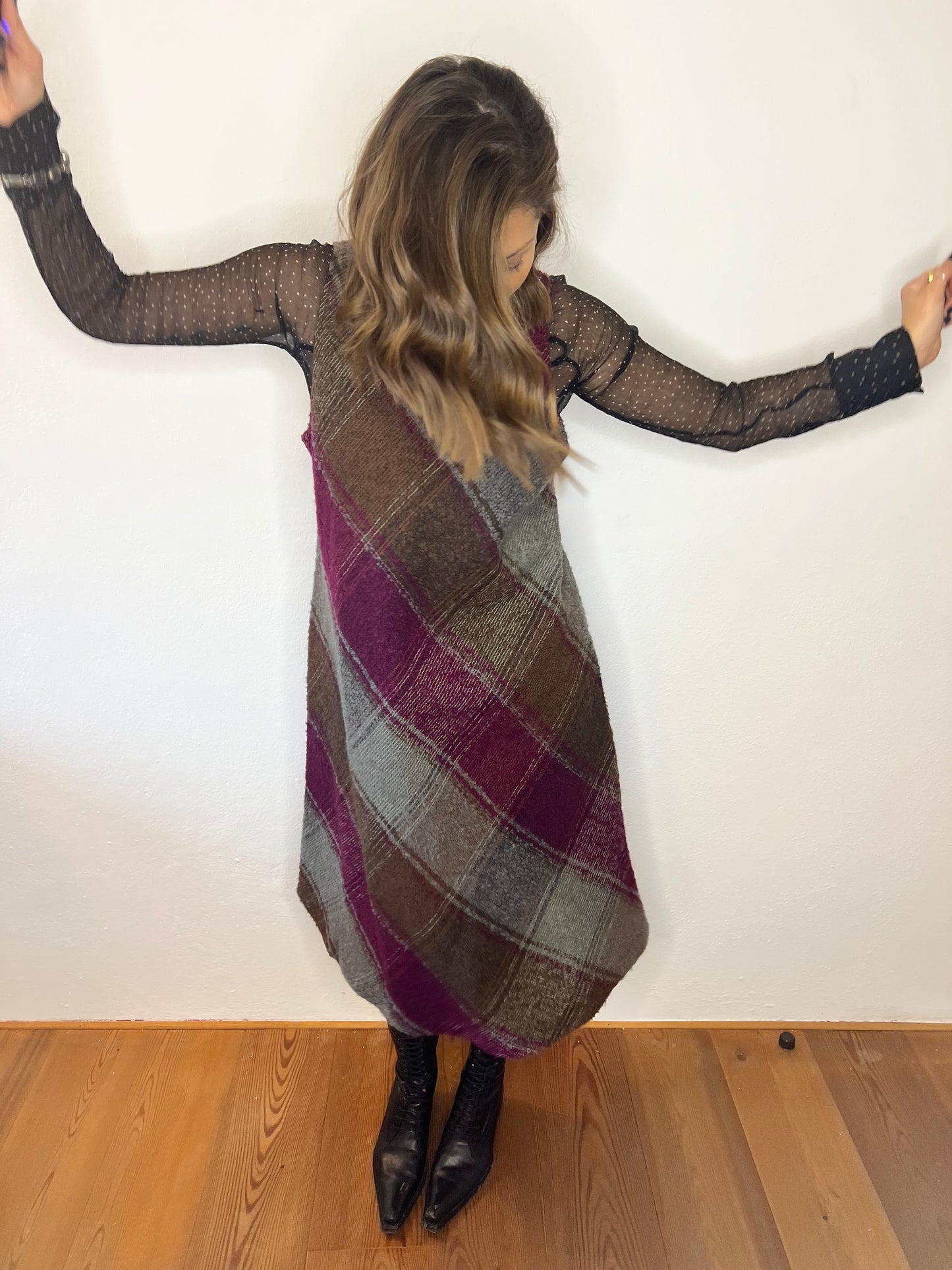 1970's vintage multicolor plaid knit wool midi dress