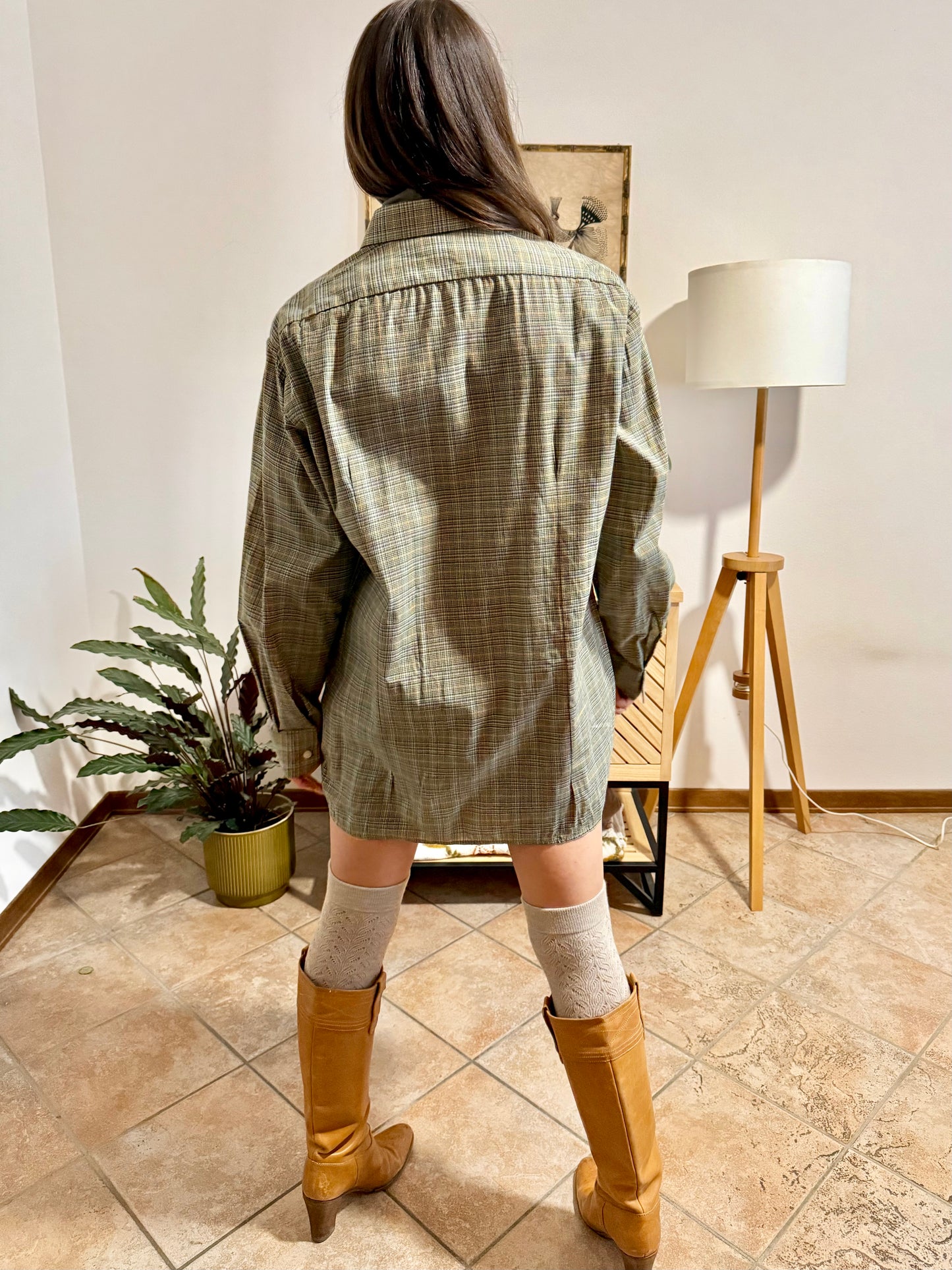 1970's vintage oversize brown, yellow and khaki plaid woven shirt