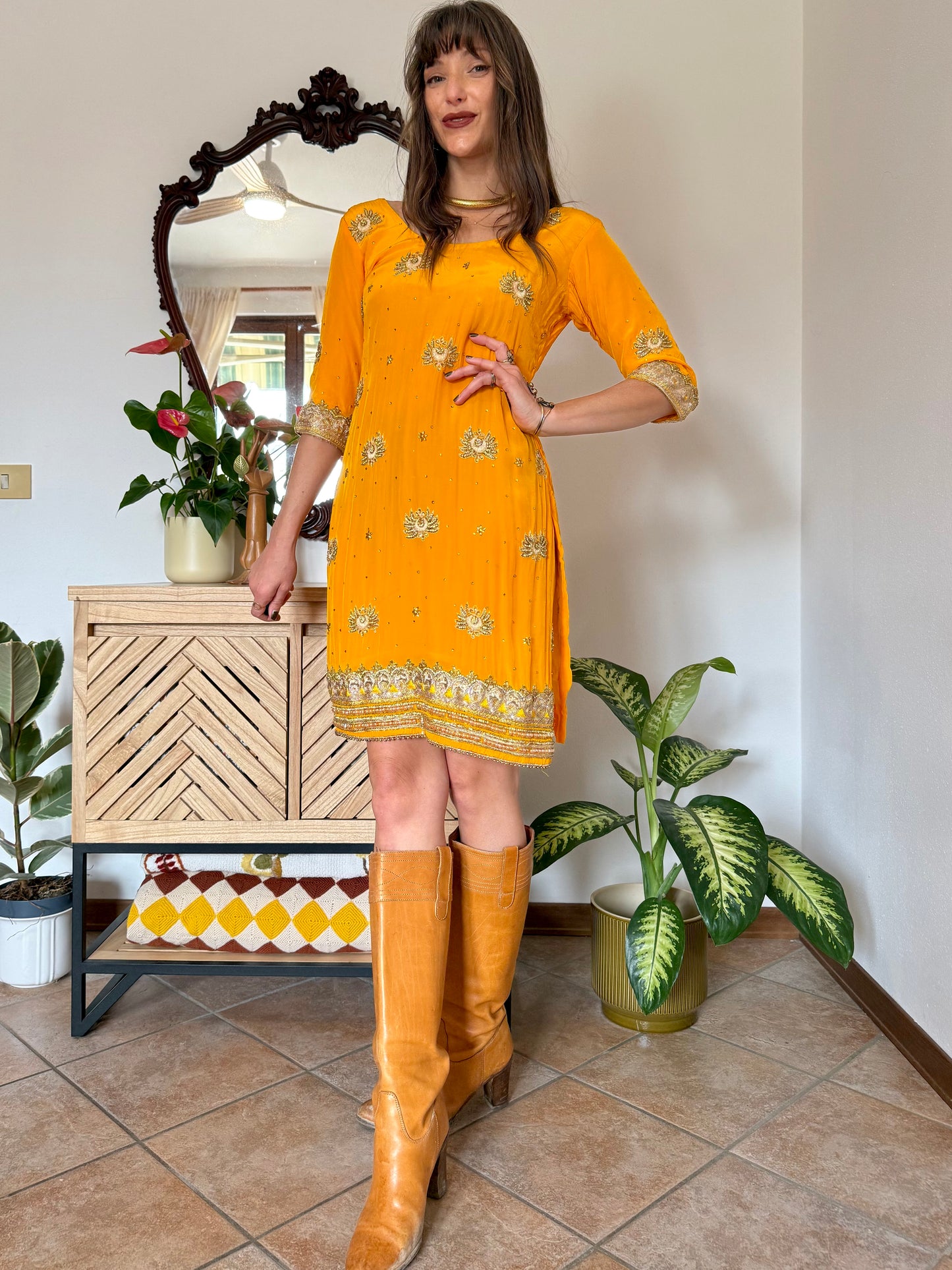1970's vintage canary yellow silk mini dress with gold embelishments