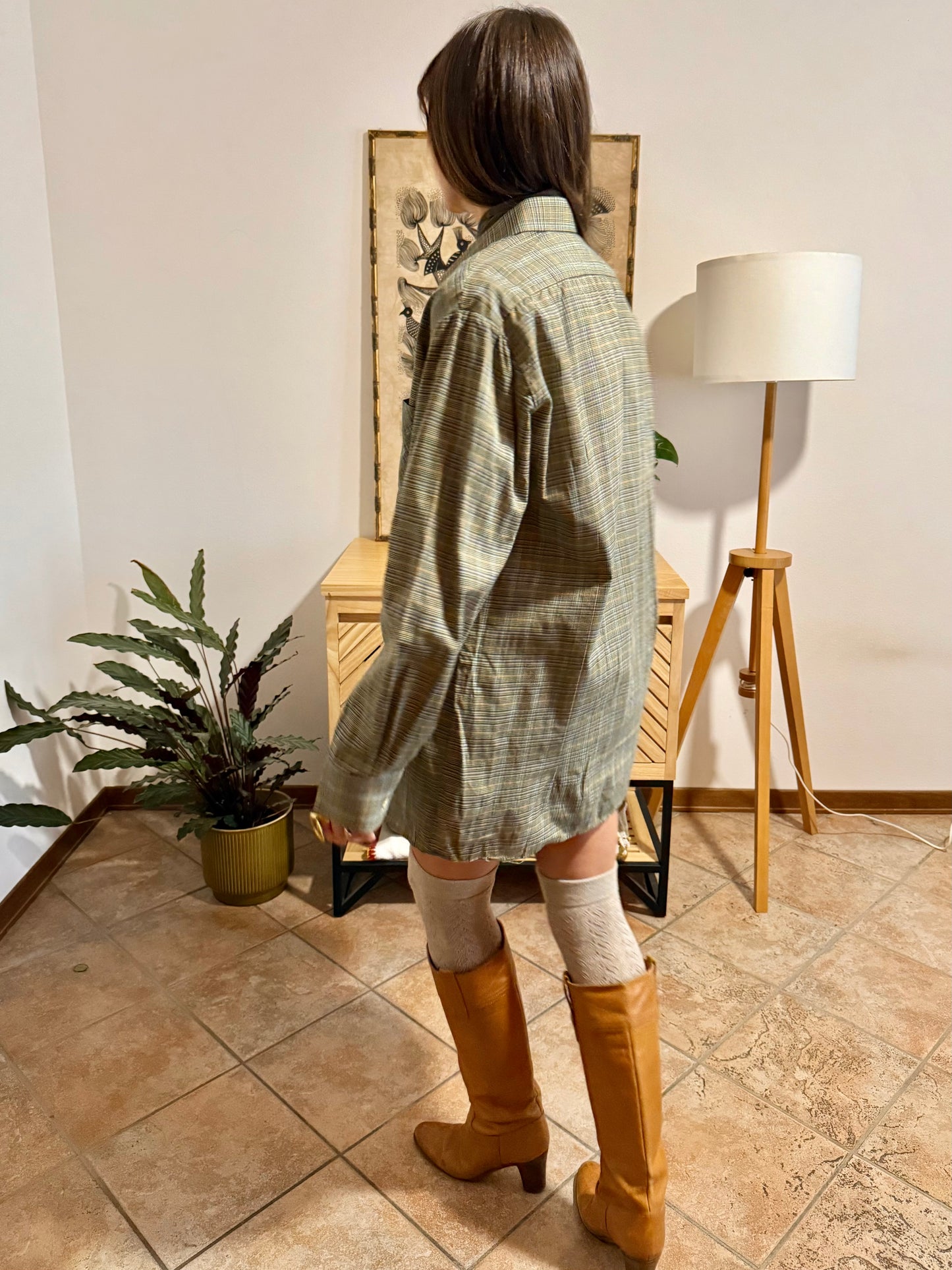 1970's vintage oversize brown, yellow and khaki plaid woven shirt