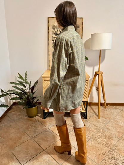 1970's vintage oversize brown, yellow and khaki plaid woven shirt