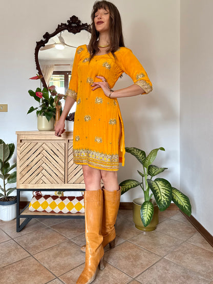 1970's vintage canary yellow silk mini dress with gold embelishments