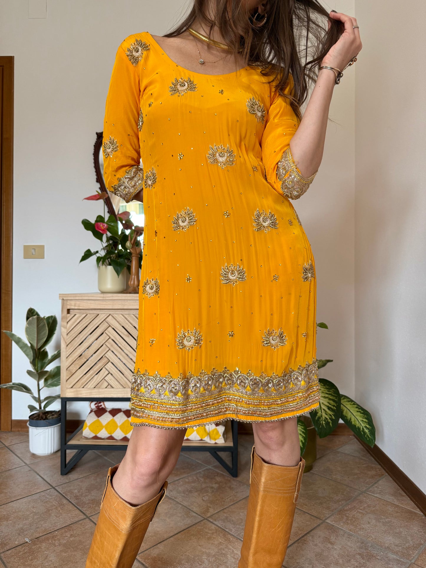 1970's vintage canary yellow silk mini dress with gold embelishments