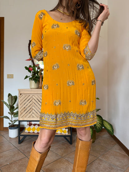 1970's vintage canary yellow silk mini dress with gold embelishments