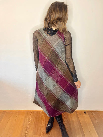 1970's vintage multicolor plaid knit wool midi dress