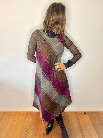 1970's vintage multicolor plaid knit wool midi dress