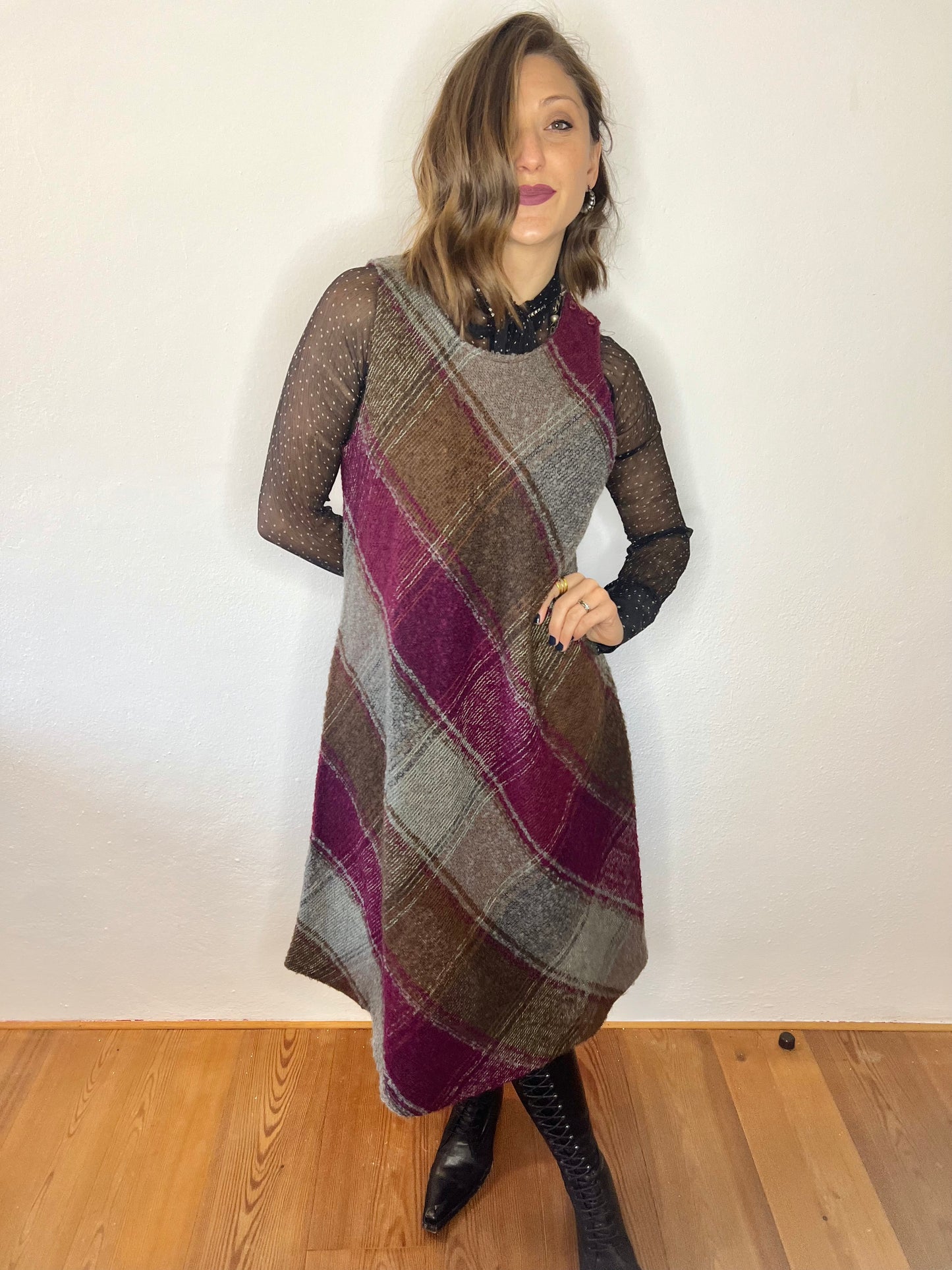 1970's vintage multicolor plaid knit wool midi dress