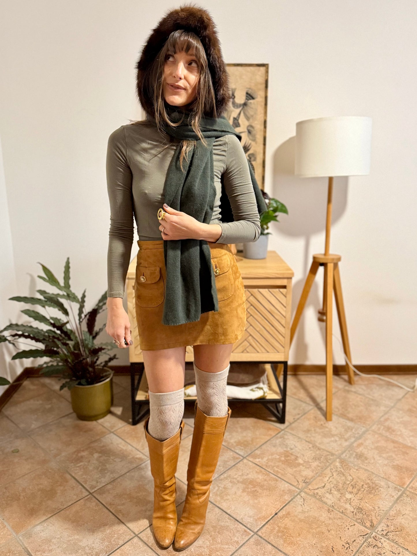 1960's vintage hand knit dark green wool hood and scarf