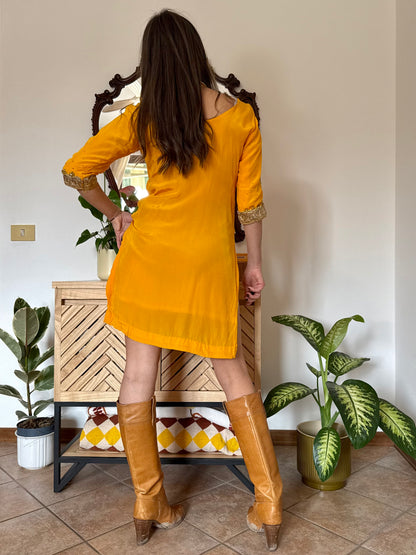 1970's vintage canary yellow silk mini dress with gold embelishments