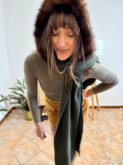 1960's vintage hand knit dark green wool hood and scarf