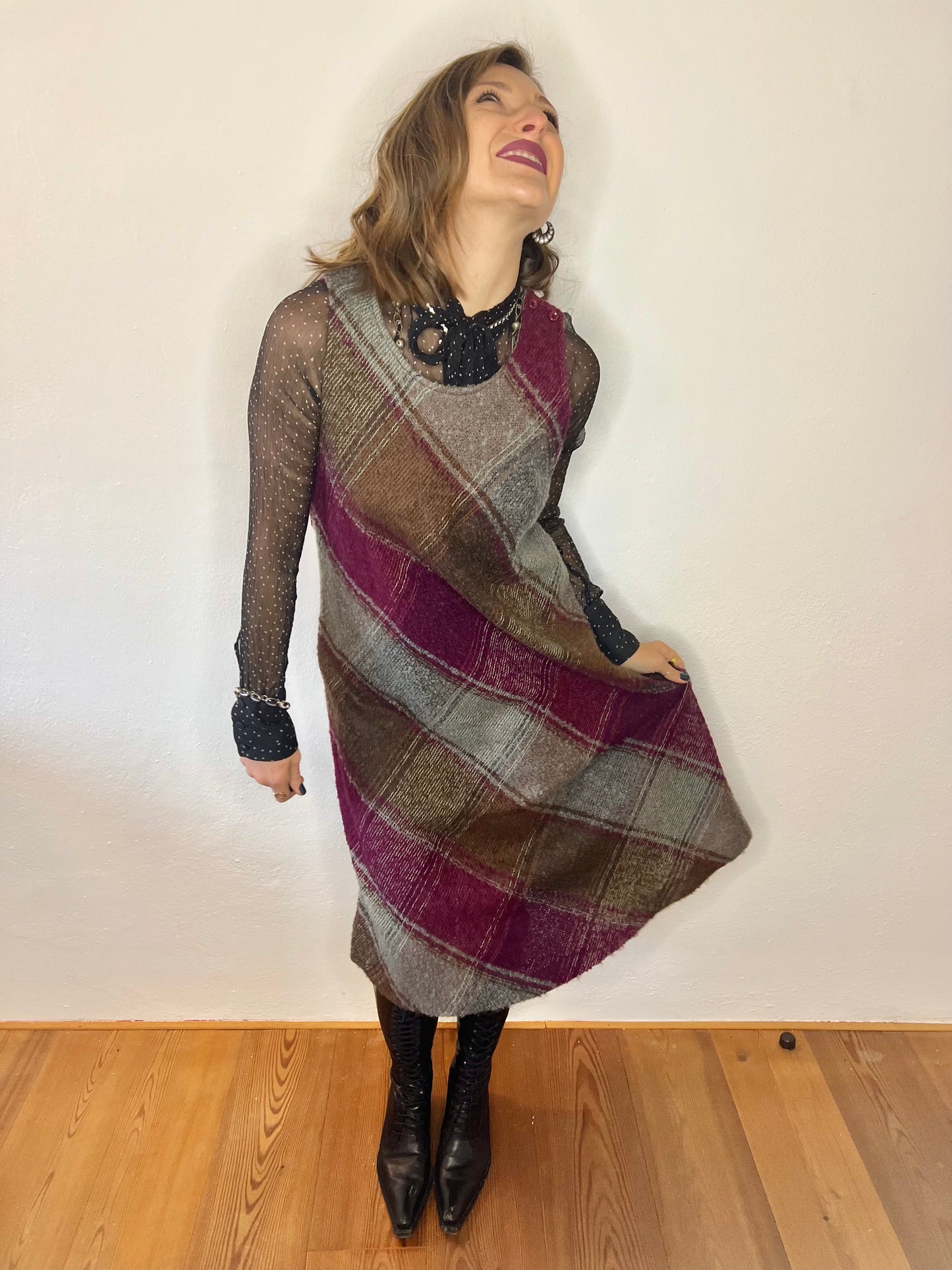 1970's vintage multicolor plaid knit wool midi dress