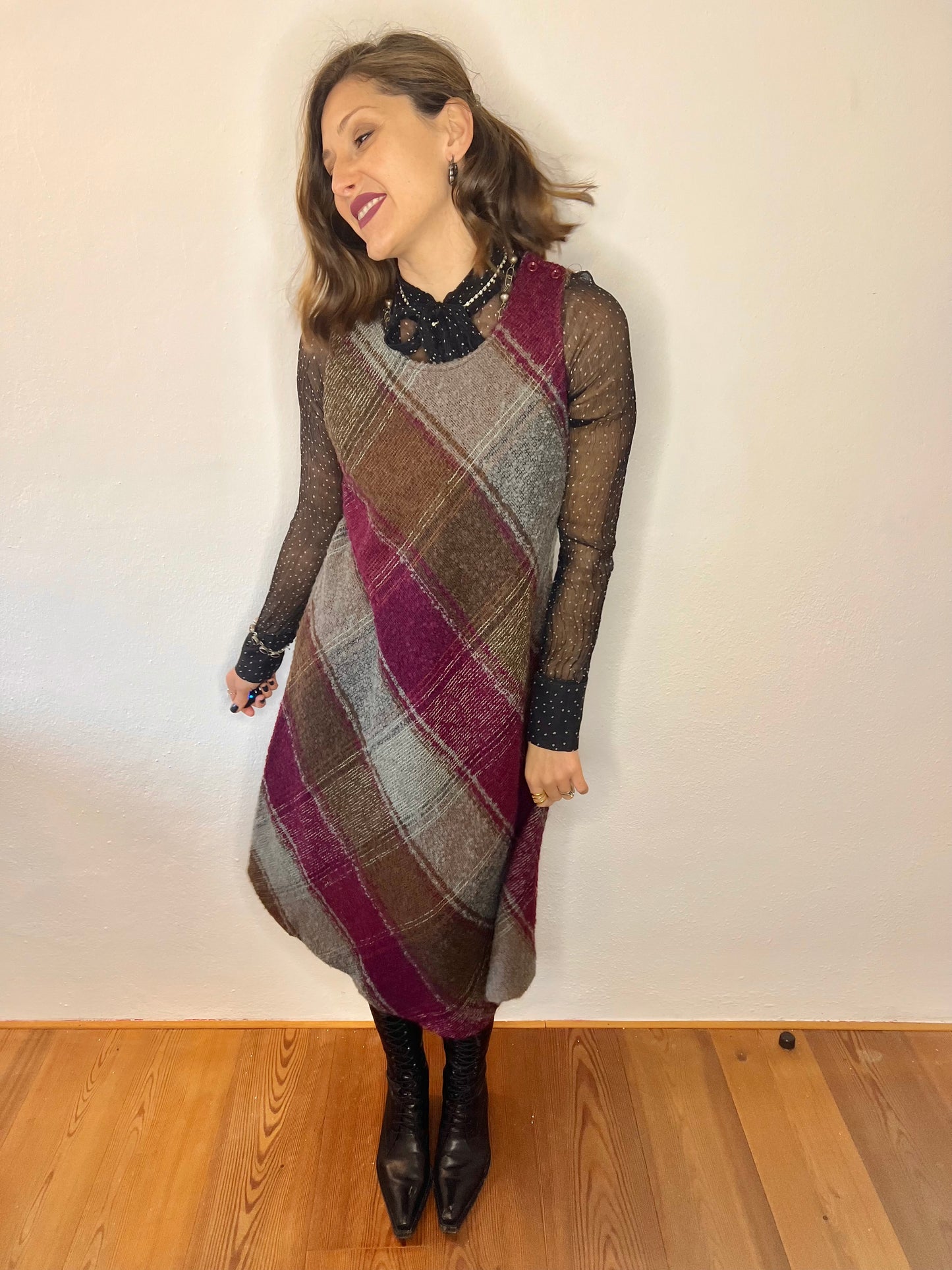 1970's vintage multicolor plaid knit wool midi dress