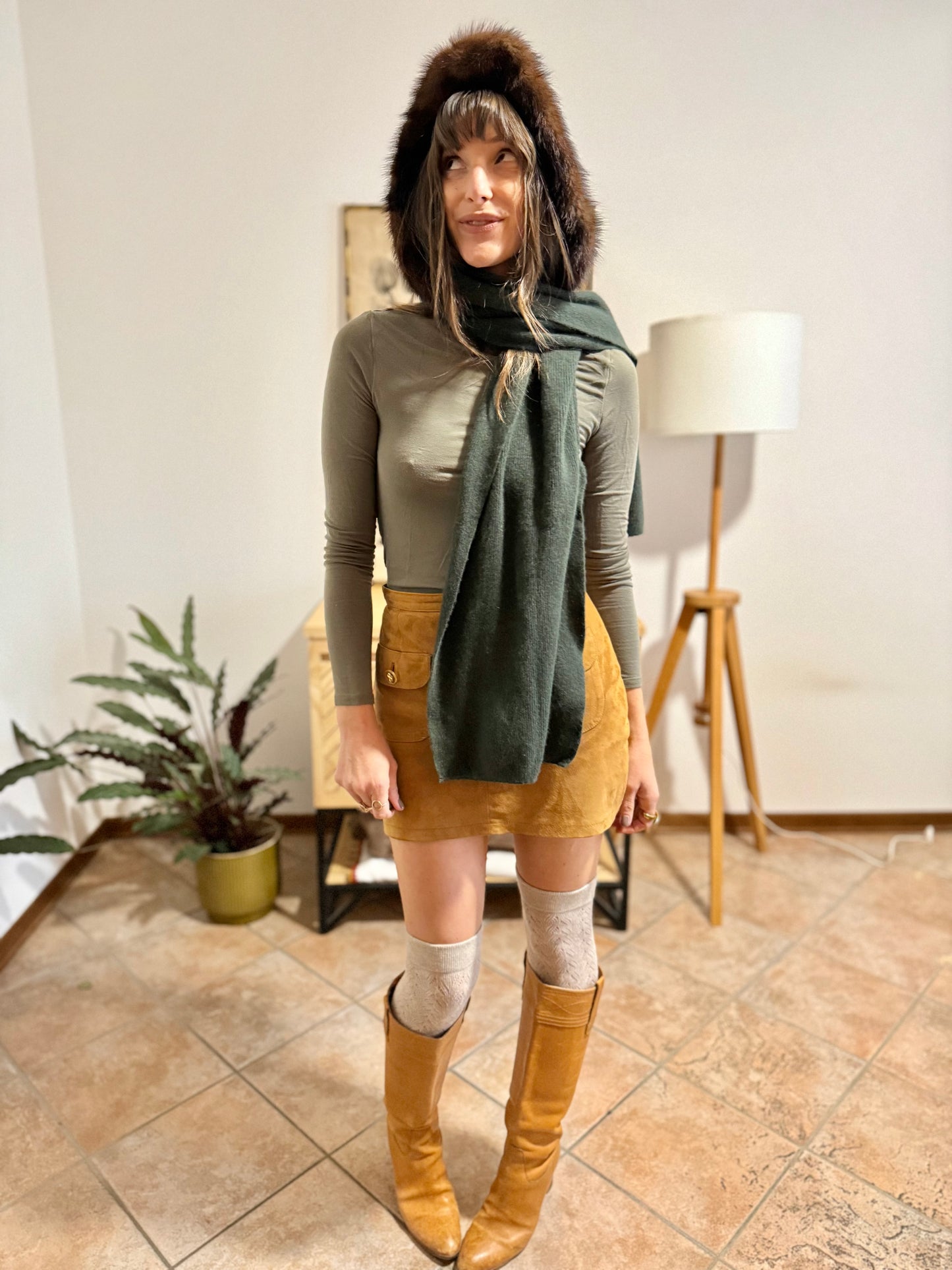 1960's vintage hand knit dark green wool hood and scarf