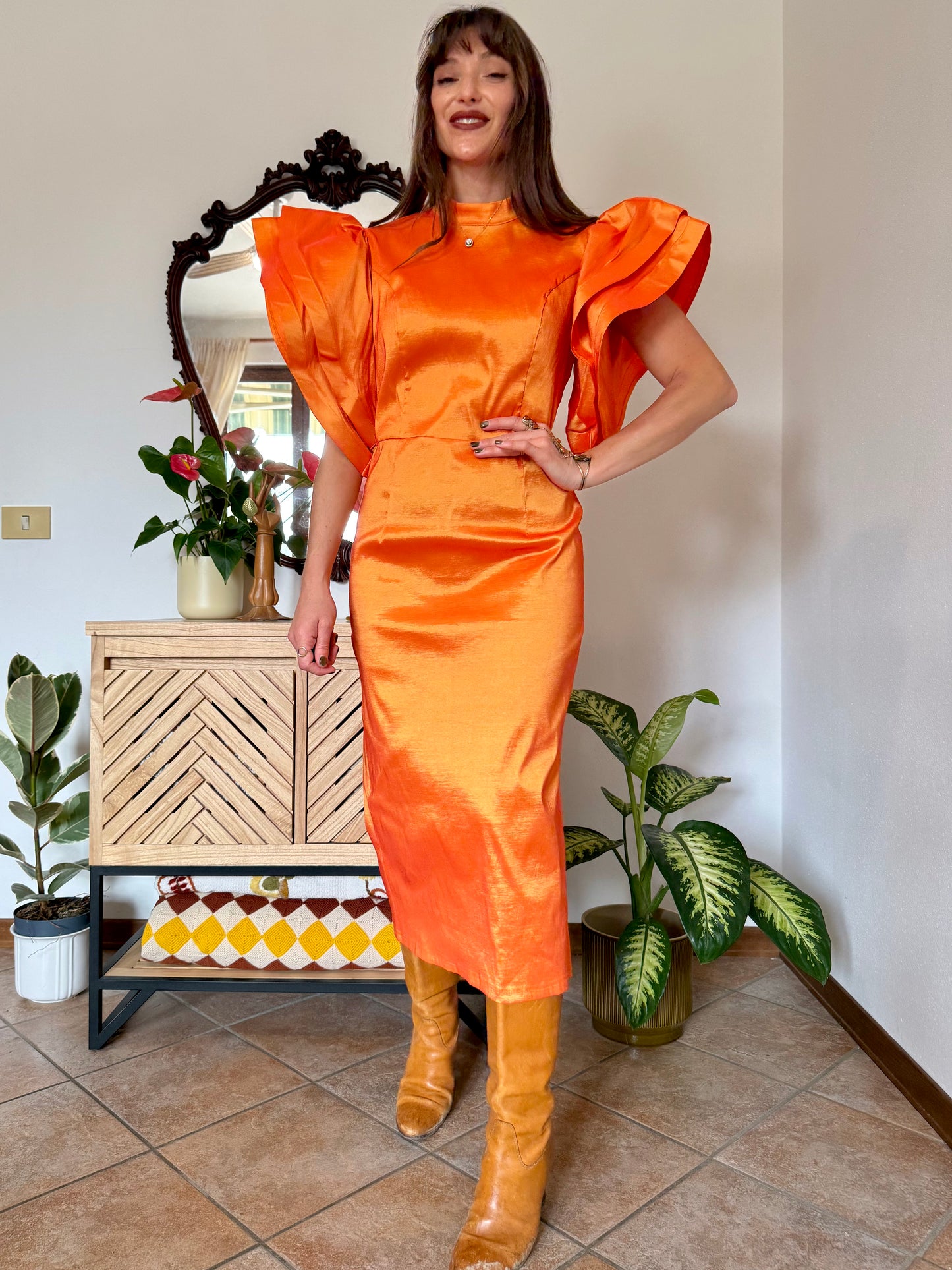 Y2k vintage orange iridescent ruffle sleeve tailored midi dress