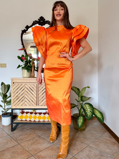Y2k vintage orange iridescent ruffle sleeve tailored midi dress