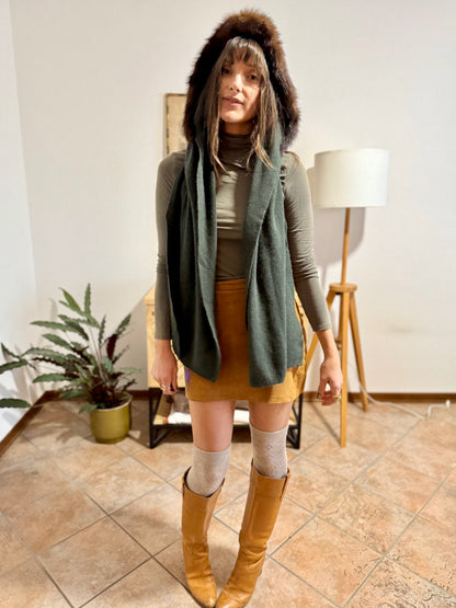 1960's vintage hand knit dark green wool hood and scarf