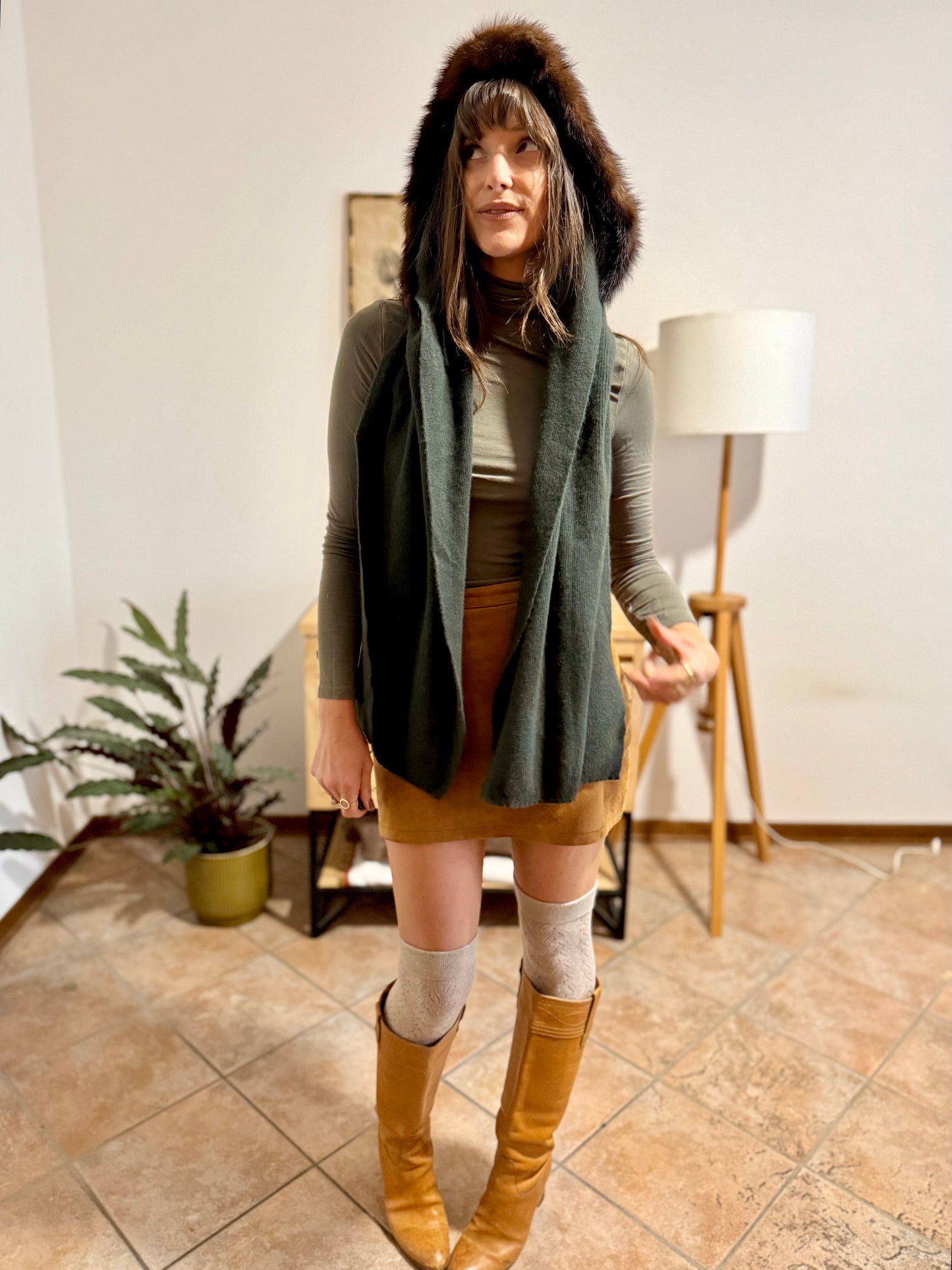 1960's vintage hand knit dark green wool hood and scarf