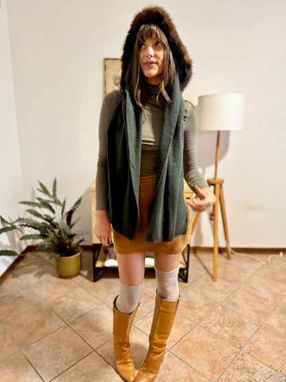 1960's vintage hand knit dark green wool hood and scarf