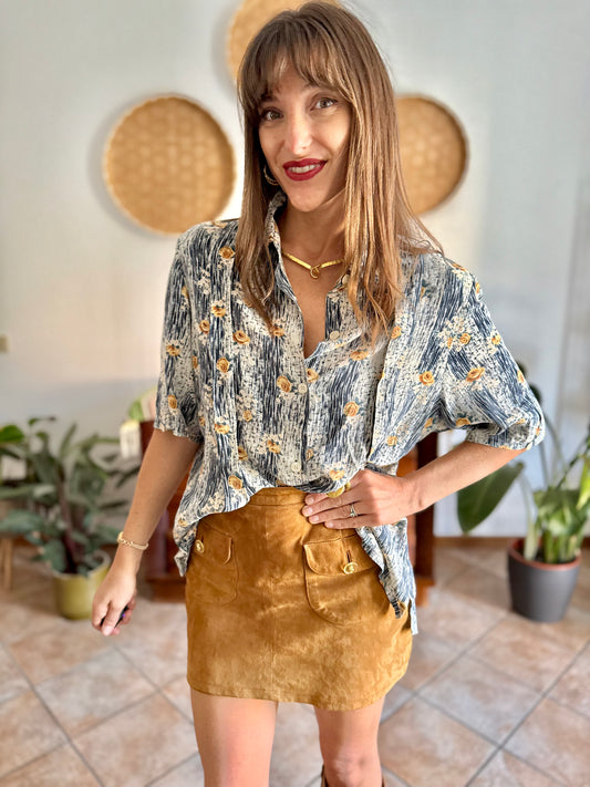 1990's vintage oversize navy blue and cream blouse with yellow floral print