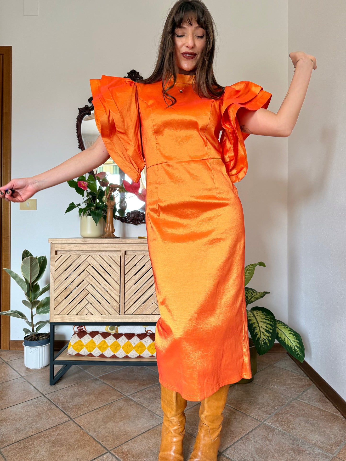 Y2k vintage orange iridescent ruffle sleeve tailored midi dress