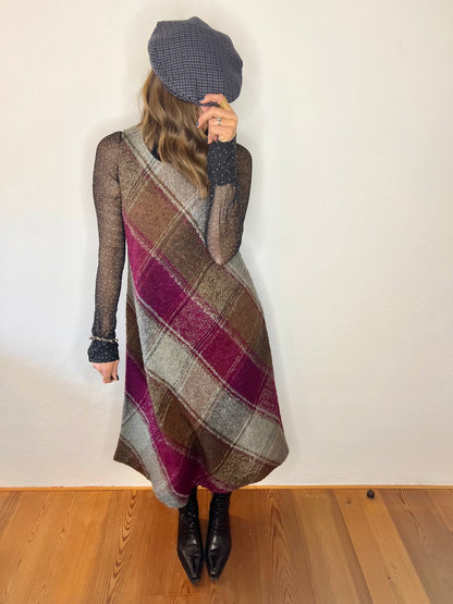 1970's vintage multicolor plaid knit wool midi dress