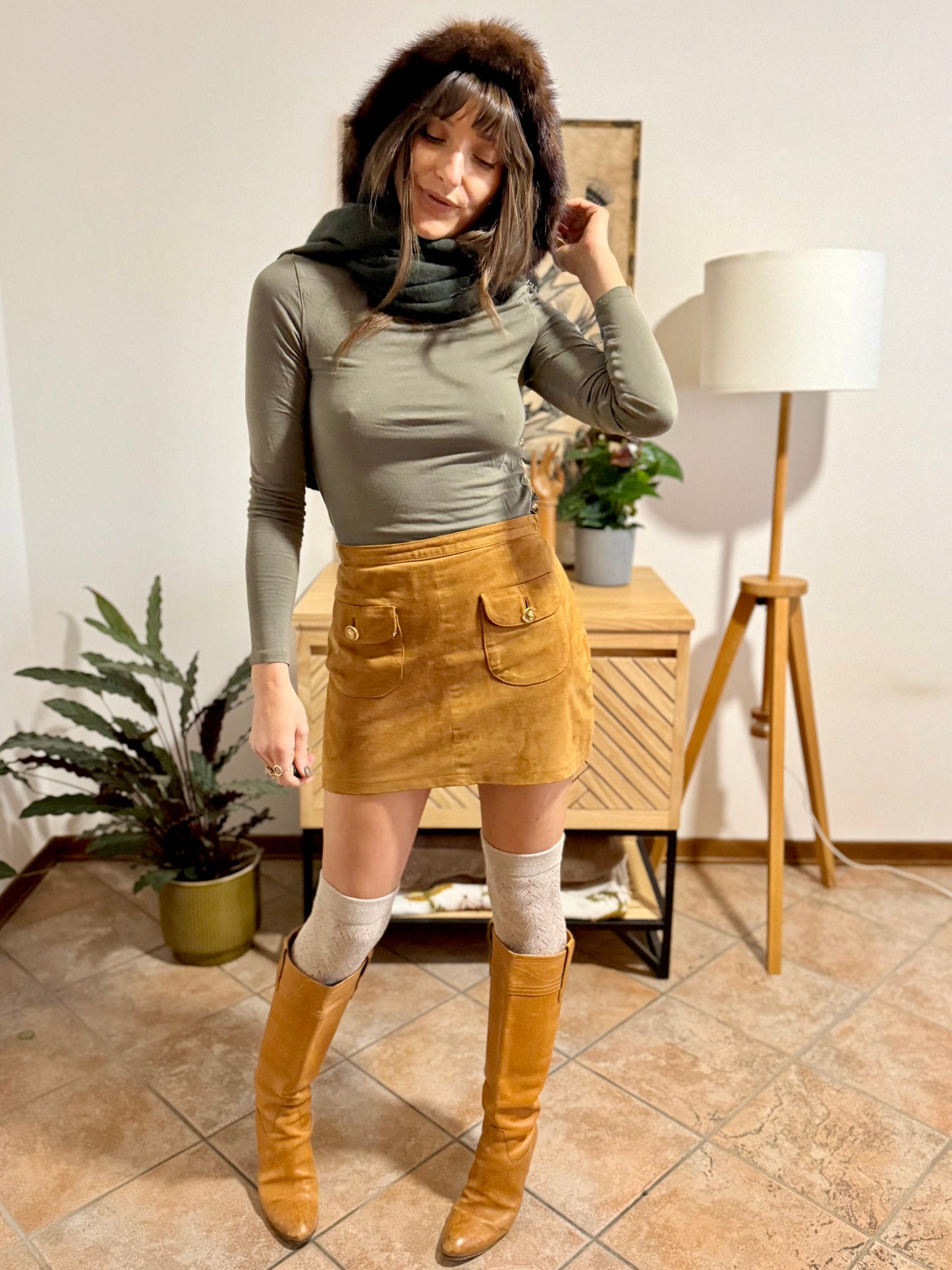 1960's vintage hand knit dark green wool hood and scarf