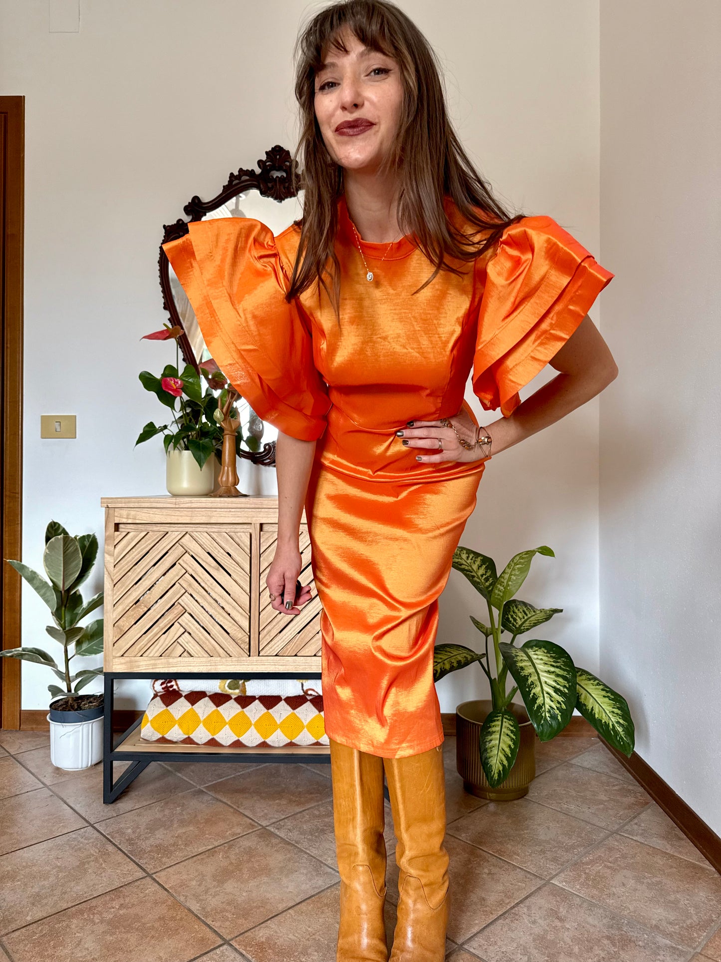 Y2k vintage orange iridescent ruffle sleeve tailored midi dress