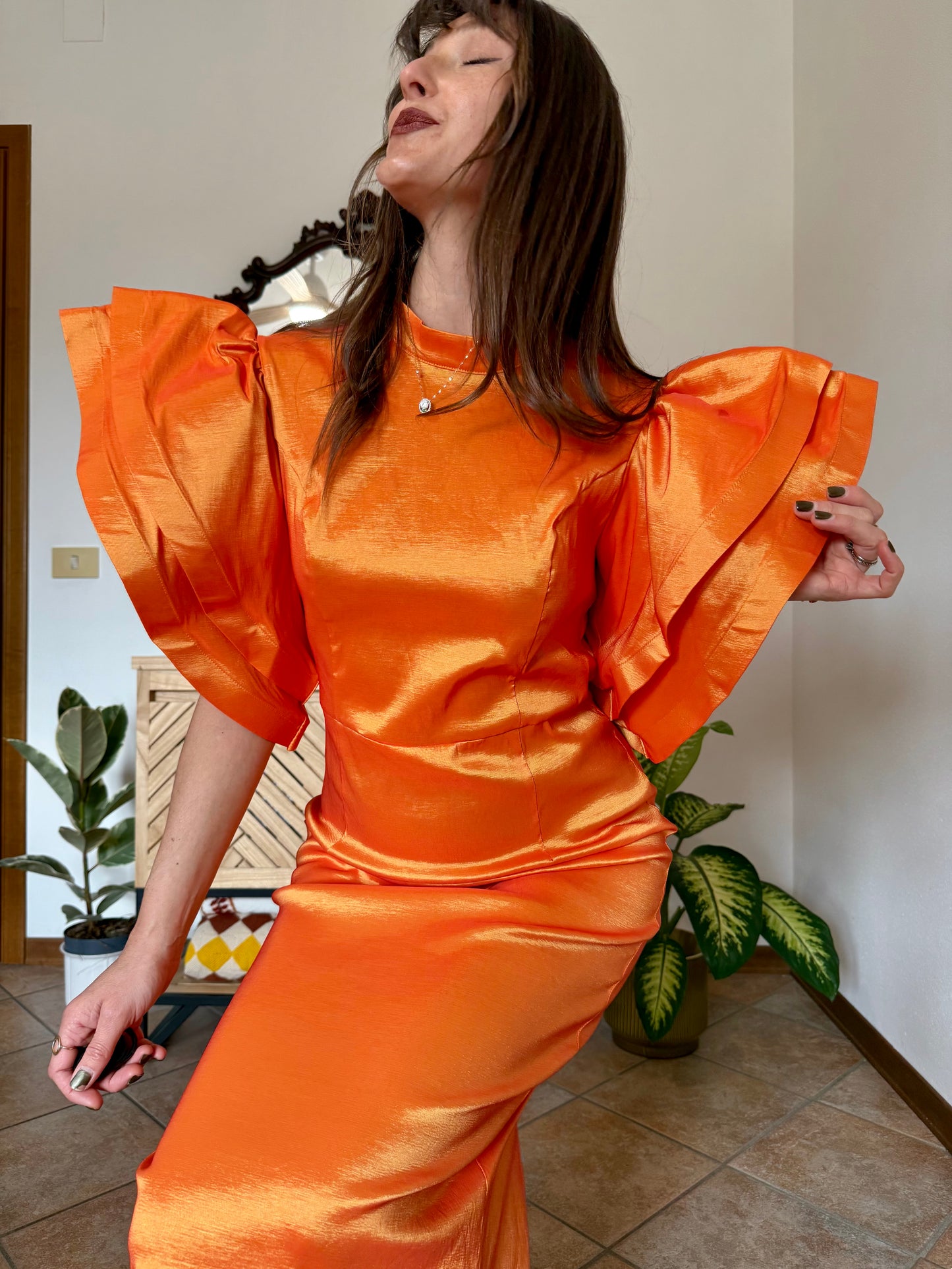 Y2k vintage orange iridescent ruffle sleeve tailored midi dress
