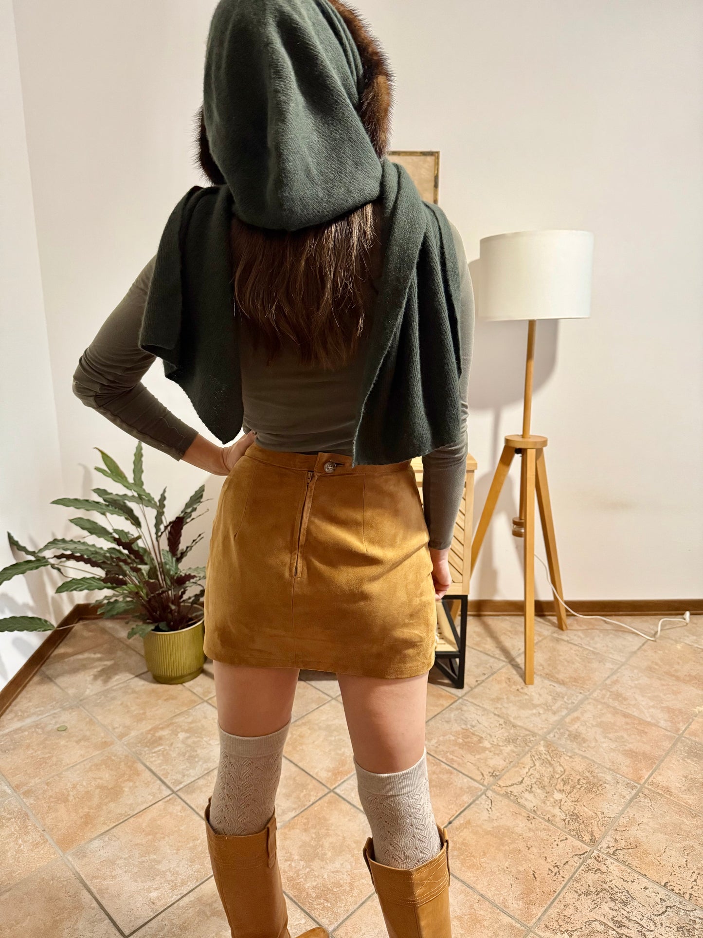 1960's vintage hand knit dark green wool hood and scarf