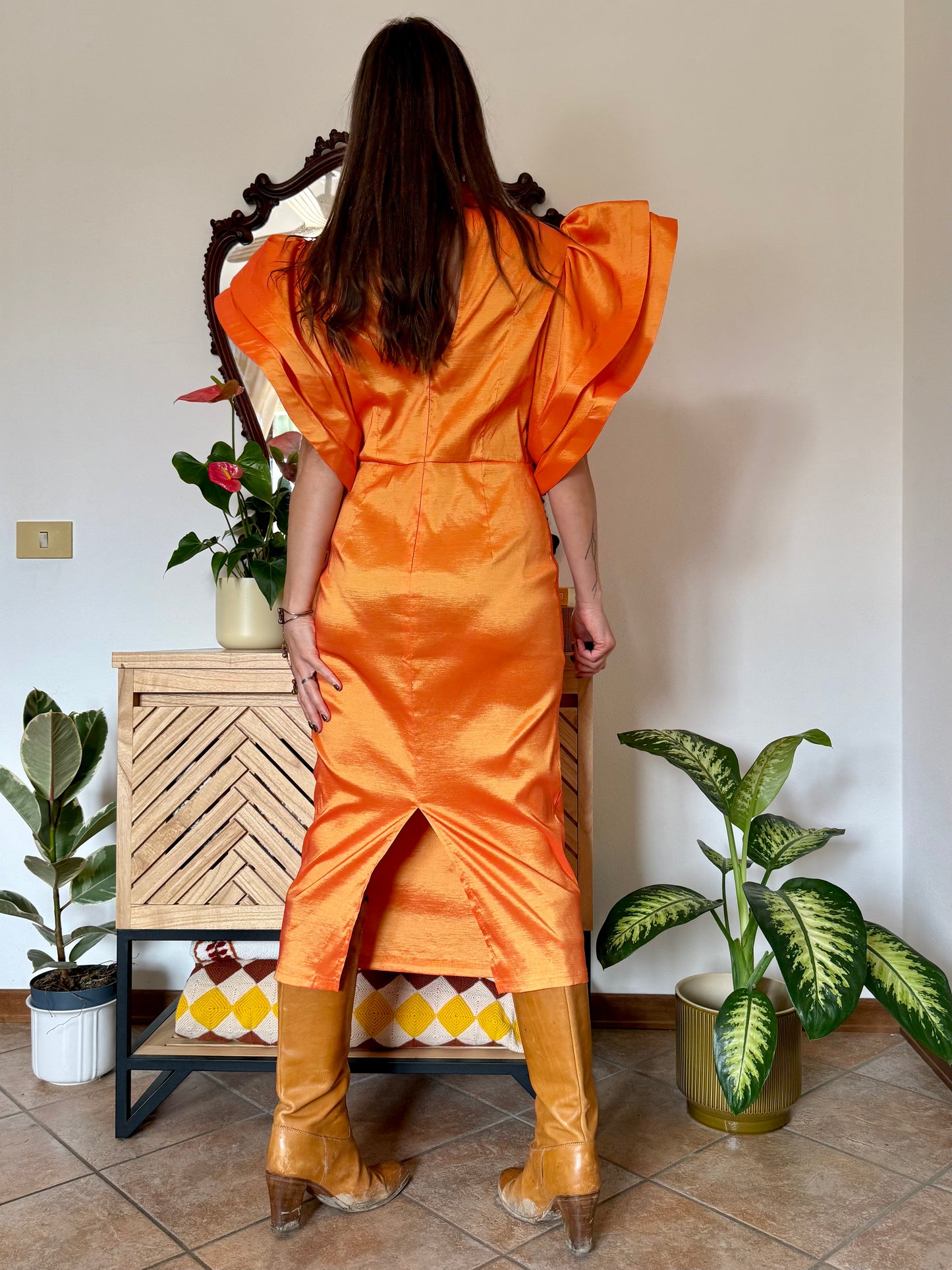 Y2k vintage orange iridescent ruffle sleeve tailored midi dress