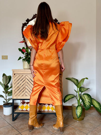 Y2k vintage orange iridescent ruffle sleeve tailored midi dress