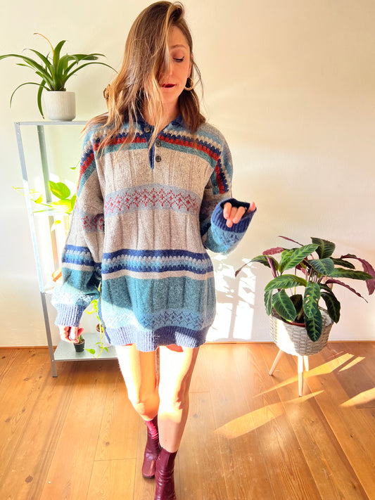 1970's vintage orange, blue and grey oversize knit pullover