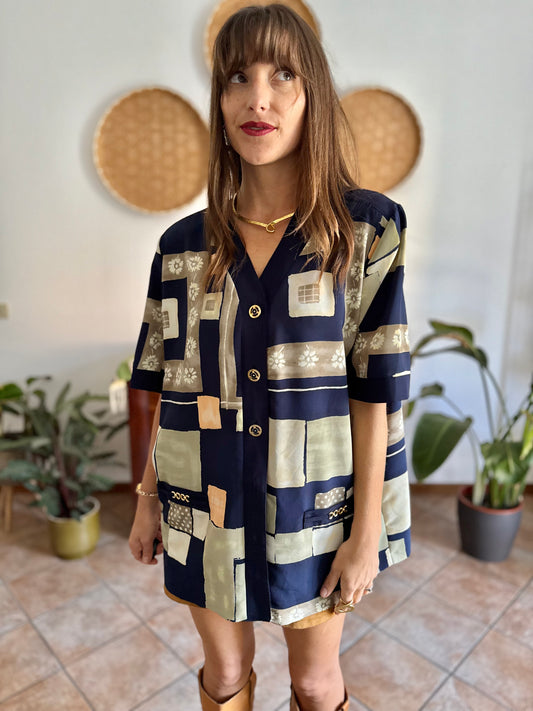 1990's vintage oversize Navy blue and peach patchwork floral print blouse with gold details